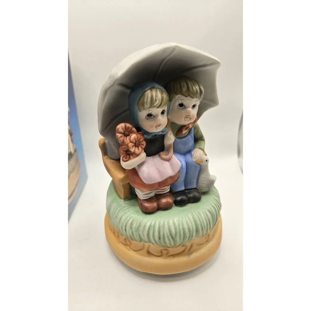 Vintage Himark Musical Figurine Umbrella Bench Boy Girl Goose Porcelain Taiwan